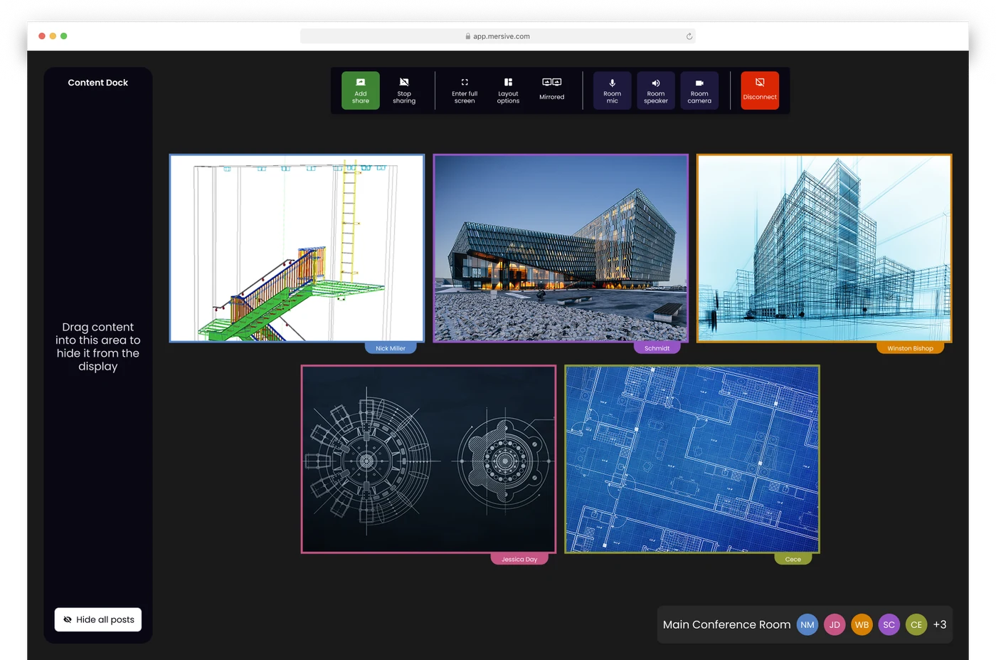 The same five posts in the same layout and the same colors at app.mersive.com in a browser, with the share, layout and room audio controls above them and the Content Dock alongside